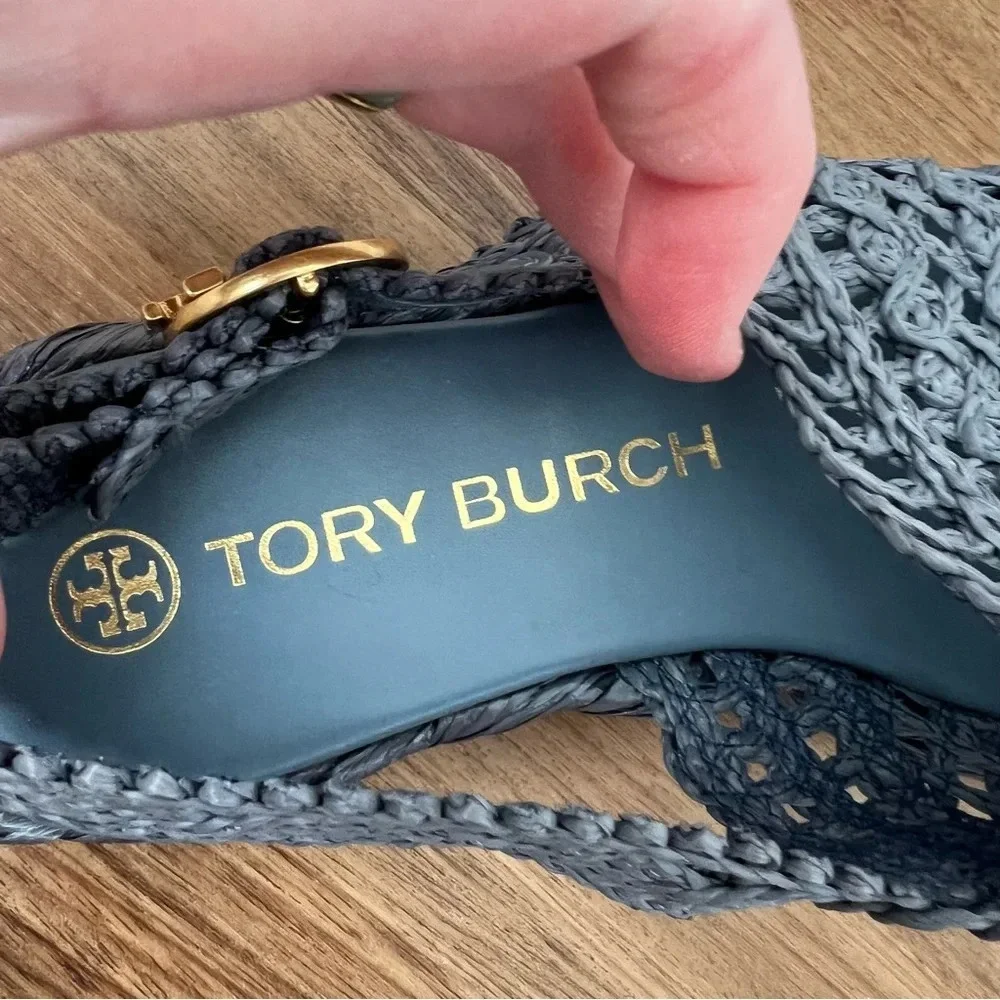 Tory Burch Raffia Canvas Crochet Trim Platform Slingback Espadrilles Sandals